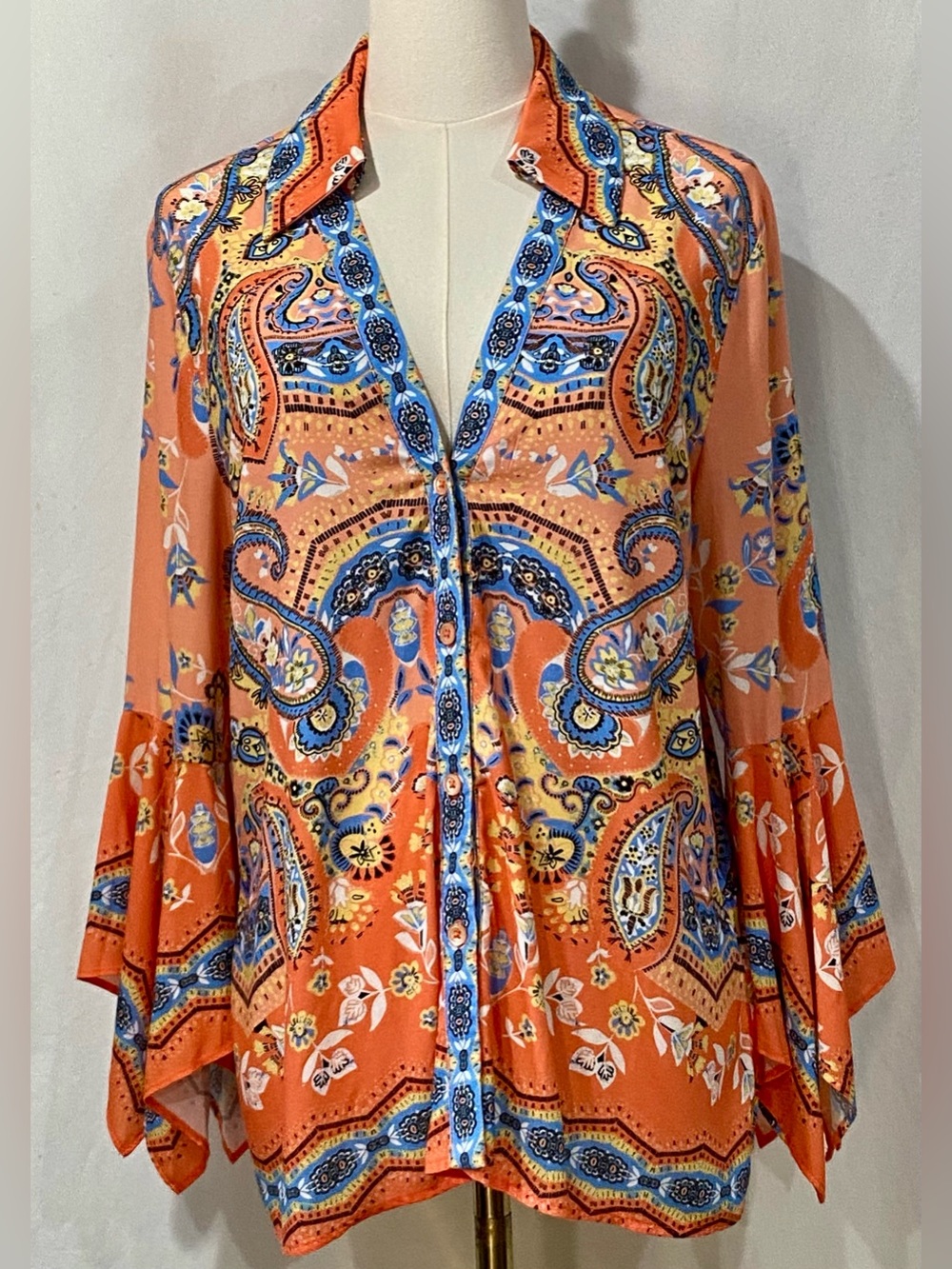 Boston Proper Orange & Blue Paisley Button-Front Blouse Handkerchief Sleeves S